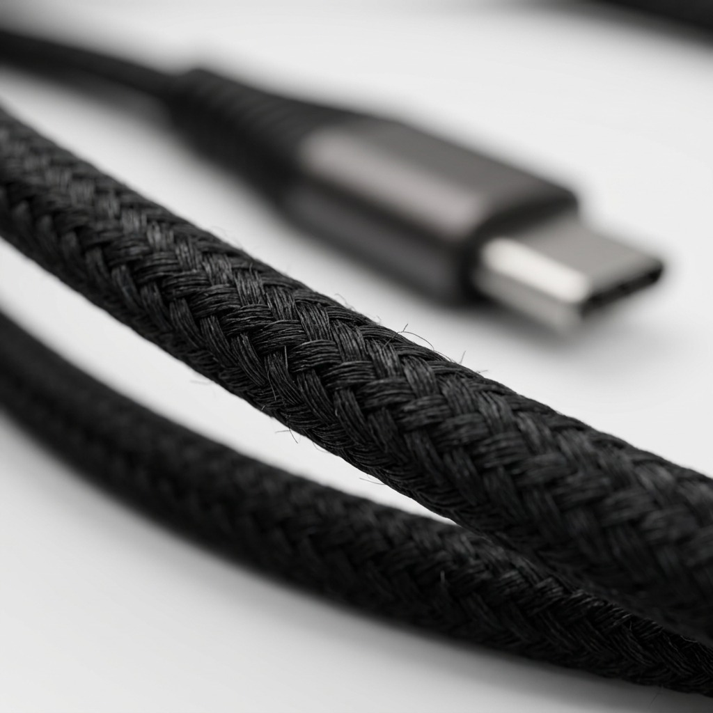 Macro detail showing the tight black nylon braiding and a USB-C connector.