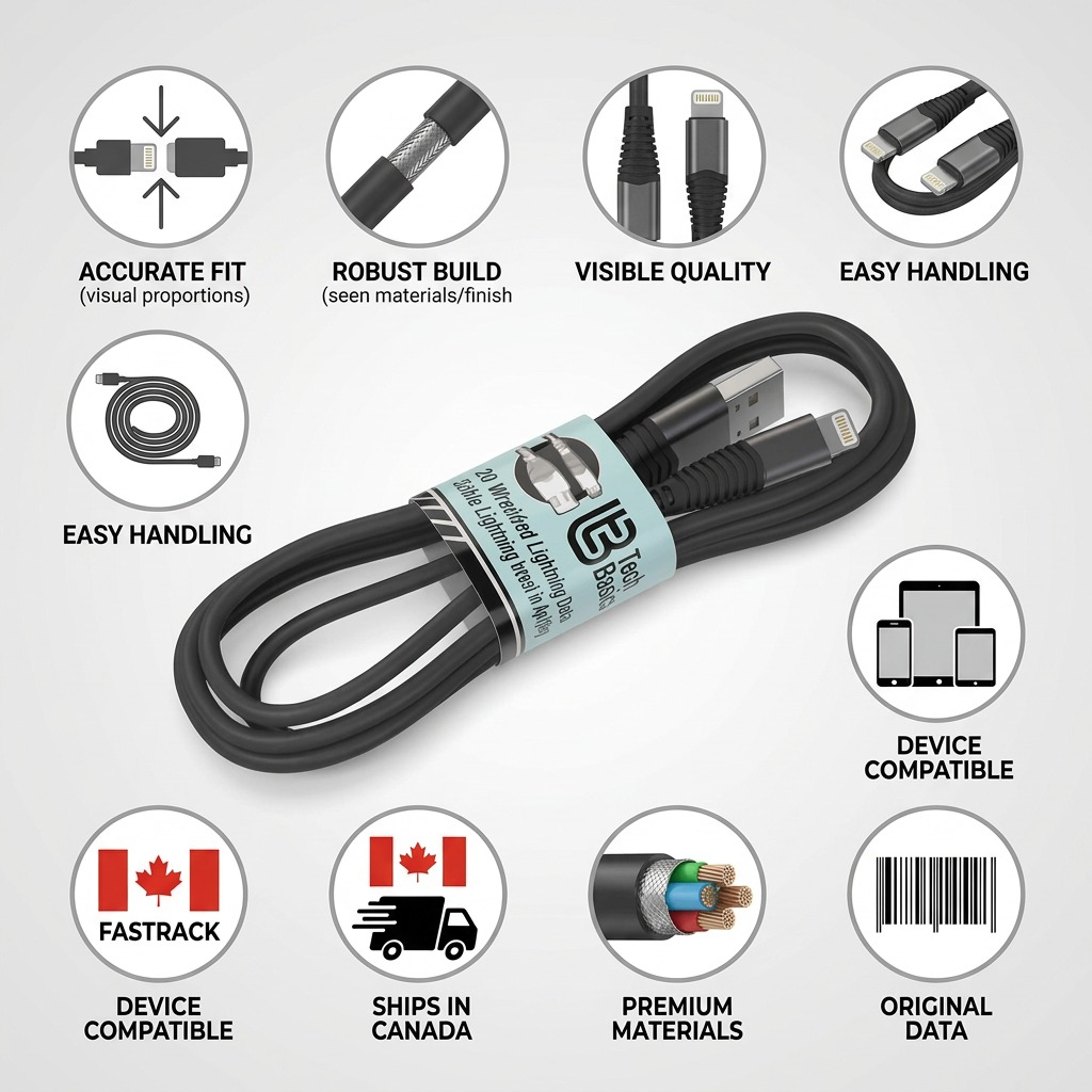 Infographic for Tech Basics (TBBFC3L) 3 ft Lightning cable detailing build quality, accuracy, fast Canadian shipping, and device compatibility, surrounding the central product.