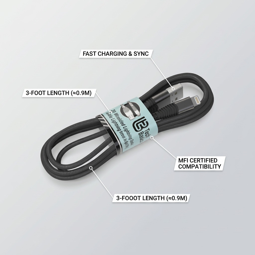A graphic of a bundled 3ft iOS cable highlighting FAST CHARGING & SYNC and MFI CERTIFIED COMPATIBILITY.