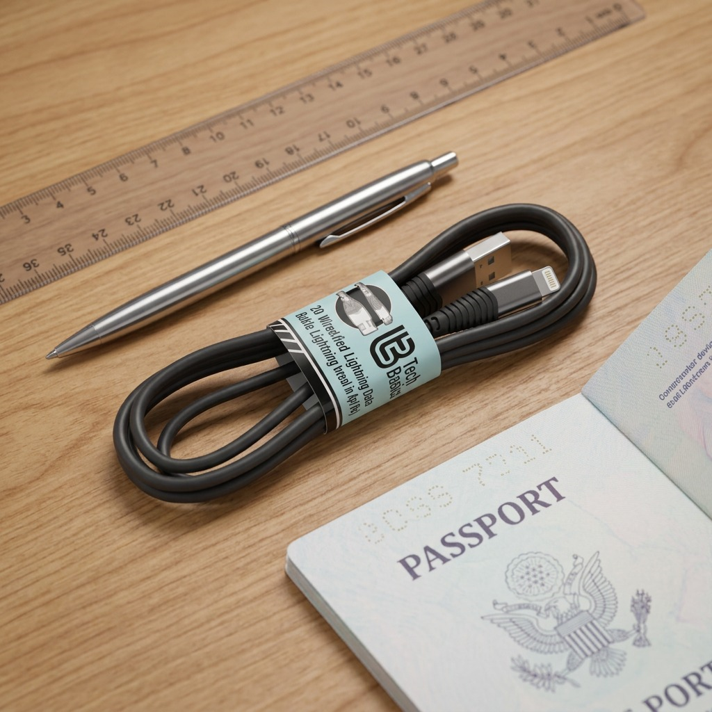 Coiled black Tech Basics Lightning cable next to a pen and open passport showing its compact size.
