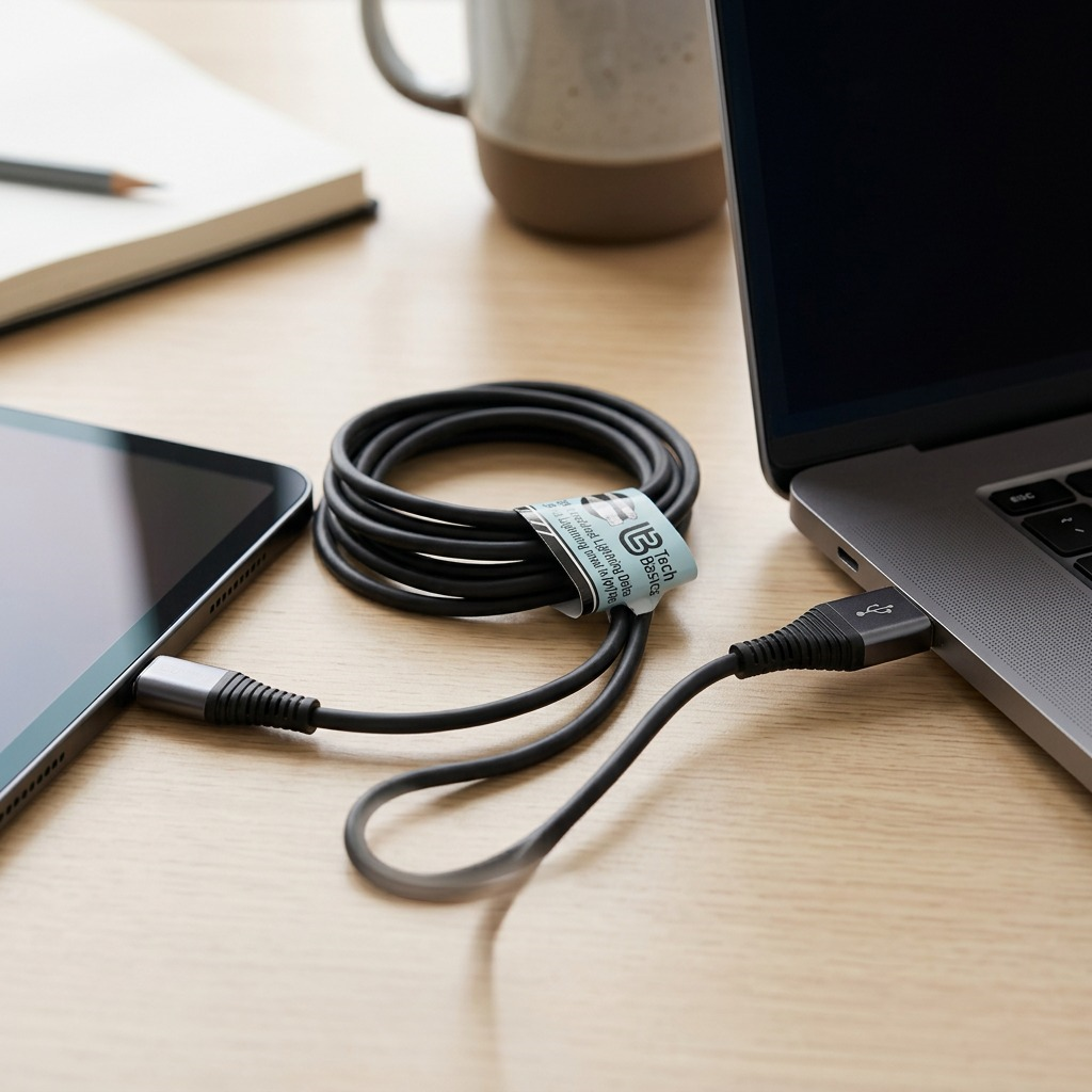 A close-up photograph in a home office, showing a Tech Basics black Lightning cable connecting a tablet to a laptop for charging.