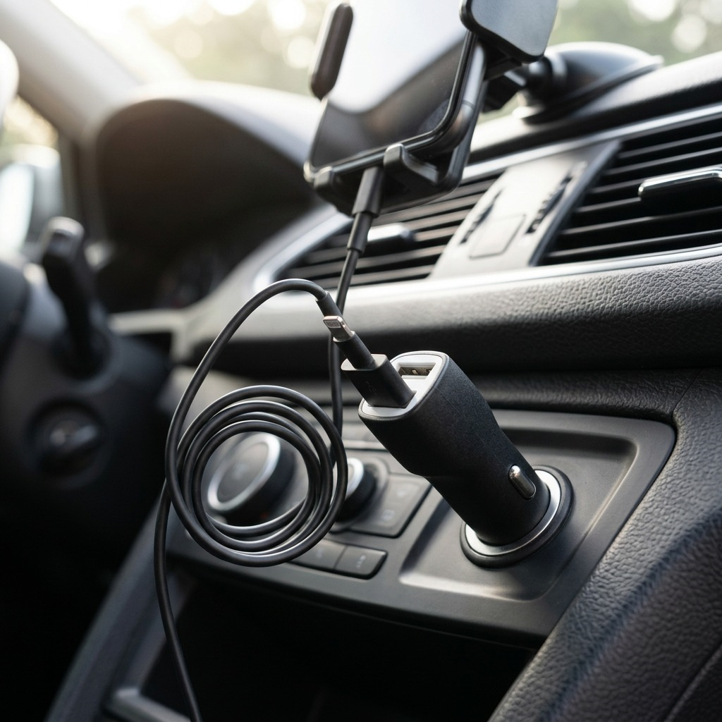Close-up photo of the canonical dual USB car charger plugged into a dashboard, charging a phone.