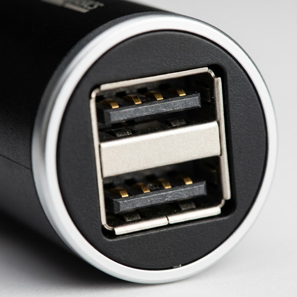 Extreme macro view of the dual USB ports on the Tech Basics TBBPC2U car charger, detailing ports and materials.