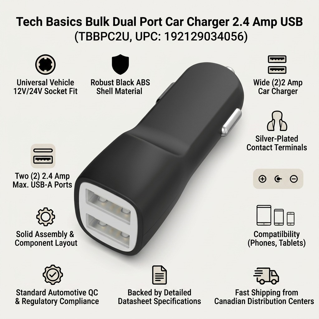 Confidence matrix infographic featuring the Tech Basics Bulk Dual USB Car Charger for fast Canadian shipping.