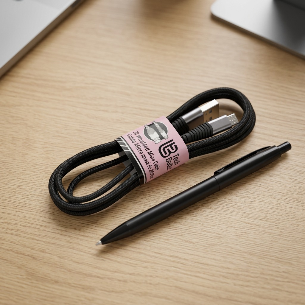 An image of the rolled Tech Basics Micro USB cable beside a standard pen to show scale.