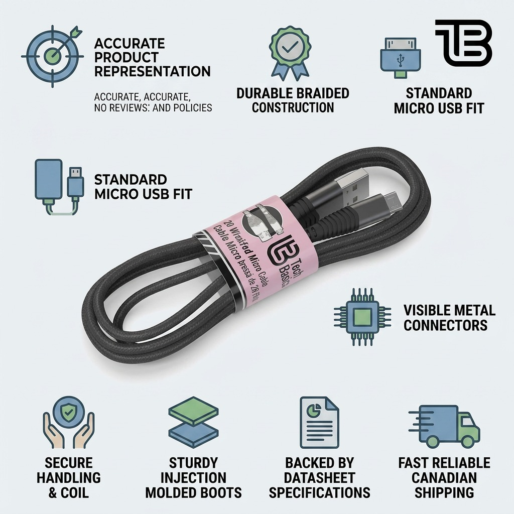 Tech Basics braided Micro USB cable infographic showcasing durable construction, visible connectors, and fast Canadian shipping.
