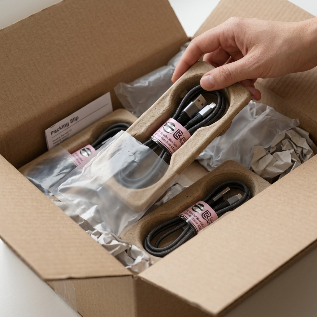An unboxing scene shows multiple Tech Basics braided cables nestled securely in a cardboard box with molded inserts.
