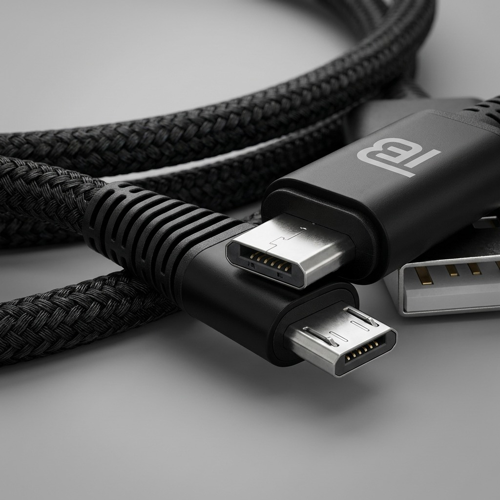 Extreme macro shot of the braided micro USB connector face, highlighting gold-plated pins and texture