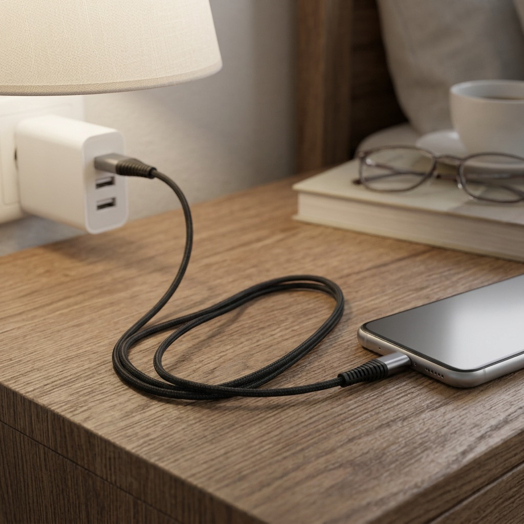 Lifestyle shot: The canonical black braided Micro USB cable, exactly as shown in the reference image (image_0.png), is seen in a relaxed loop on a textured wood grain bedside table. Its distinct connectors are visible. The cable is adjacent to a generic smartphone (plugged in), a wall charger in an outlet, and a paperback book. Real-world context for charging a personal device was recreated faithfully.