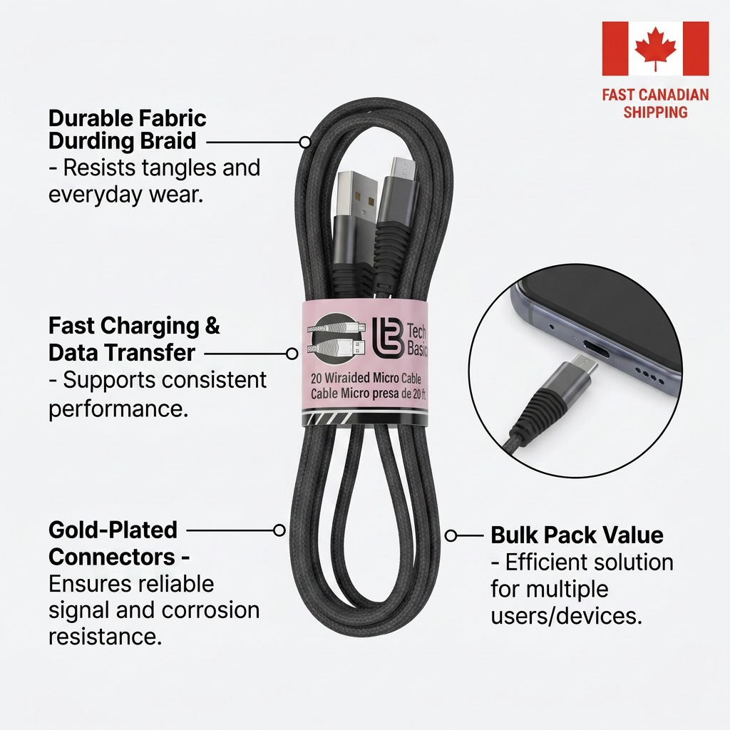 Feature matrix image demonstrating key operational benefits of the Tech Basics braided micro-USB cable.