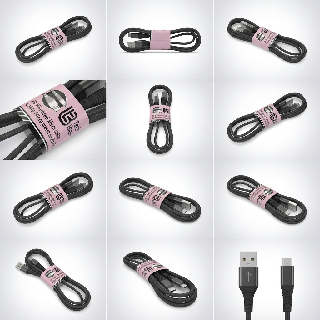 A 3x4 PDP visual matrix image showing twelve distinct angles and views of the Tech Basics 3ft braided Micro USB cable. All panels precisely retain the cable's design, including the black braided material and the pink paper band from the reference image. The matrix serves as a multi-angle or functional configuration gallery, without text or color variations, for a cohesive product display.<ctrl46>