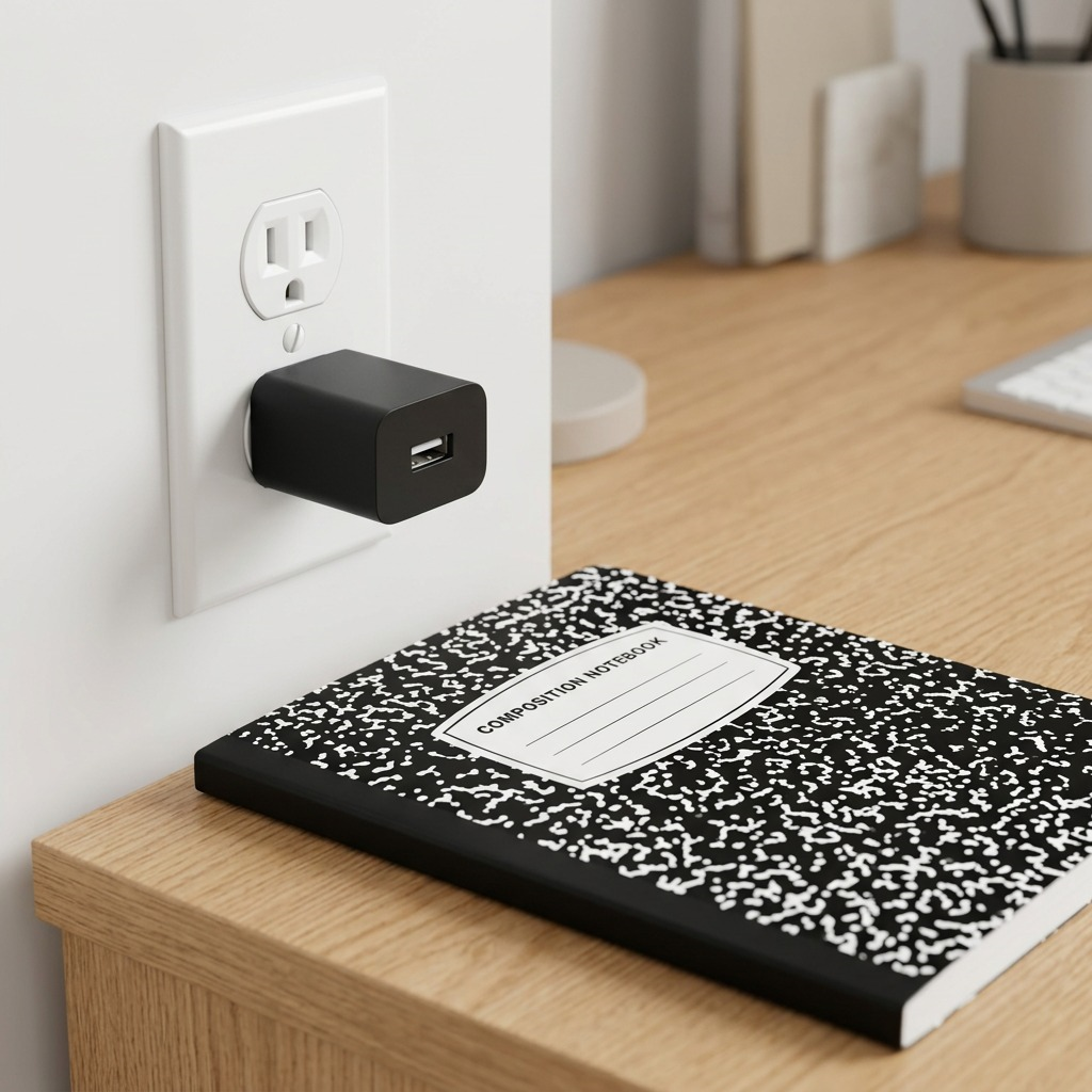 A close-up photograph of the Black USB Wall Charger plugged into a wall outlet, situated on a wooden desk next to a classic composition book, showing its compact relative size. The charger matches the provided product image and has two prongs and a USB port.