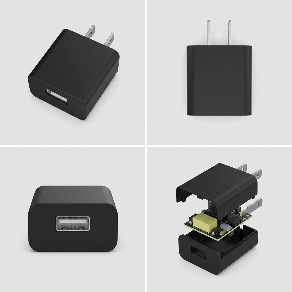 Matrix or grid composition displaying four instances of the Tech Basics 1 Amp Certified USB Bulk ETL Wall Charger. Showing front, top/plug side, angled view, and bottom configurations in a single neutral background. Each configuration presented in a clean, professional, ecommerce layout.