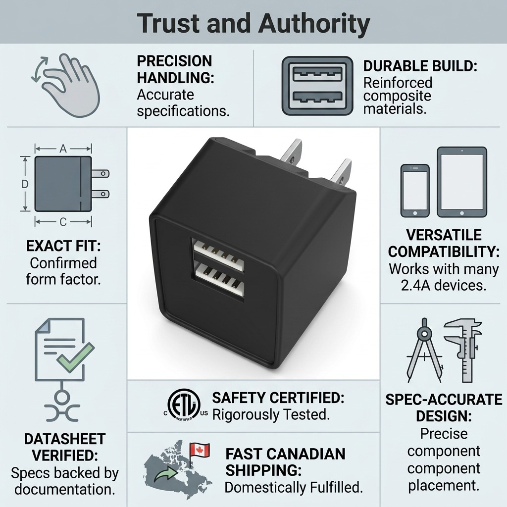 Trust and authority graphic featuring a central Tech Basics Dual Port Wall Charger, with icons and text detailing its ETL certification, factual build quality, component durability, device compatibility, manufacturer accuracy, and fast Canadian shipping.