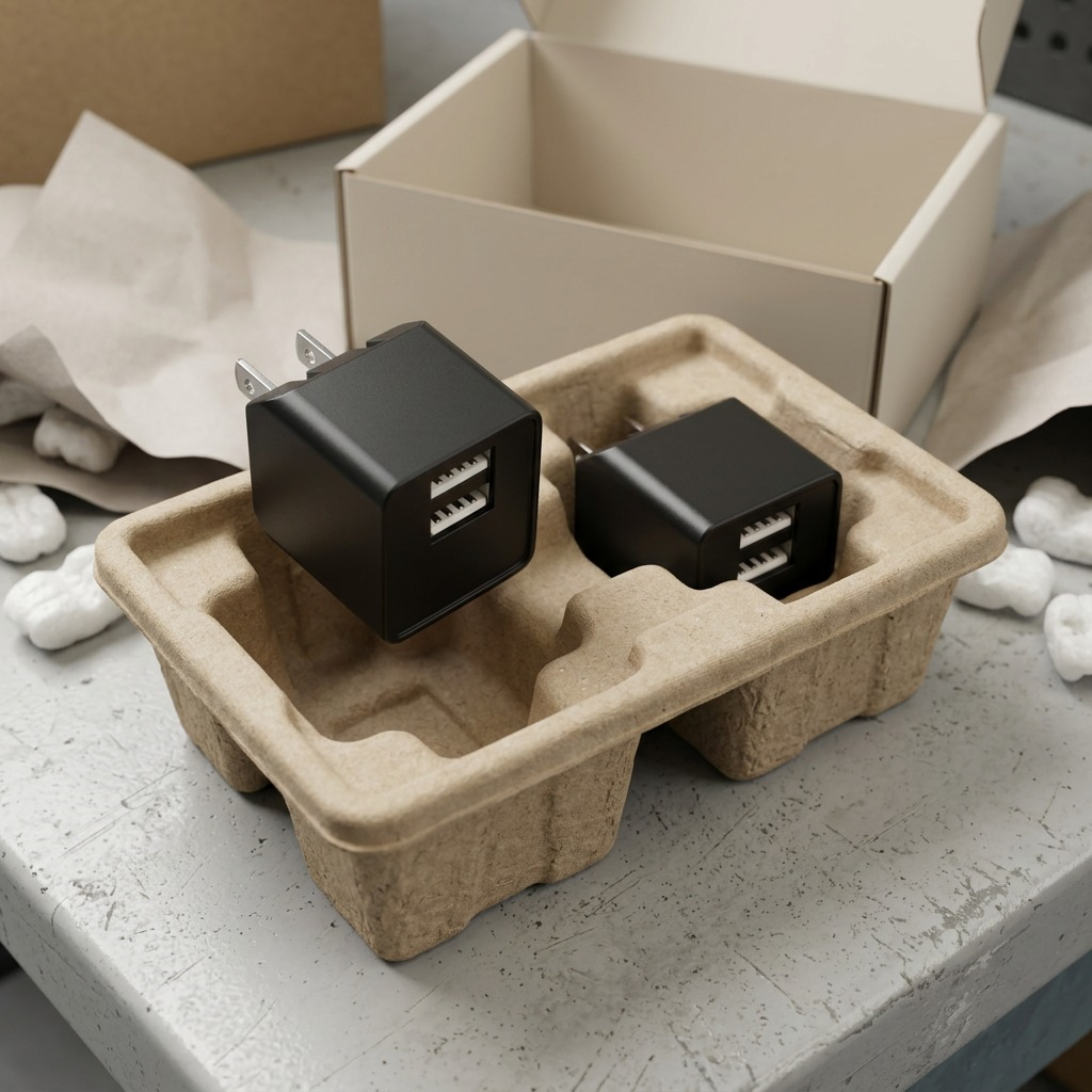 A secure unboxing scene of the dual port USB charger from image_0.png, protected by a fitted internal tray and a neutral shipping box. The products are untouched and clear of damage.