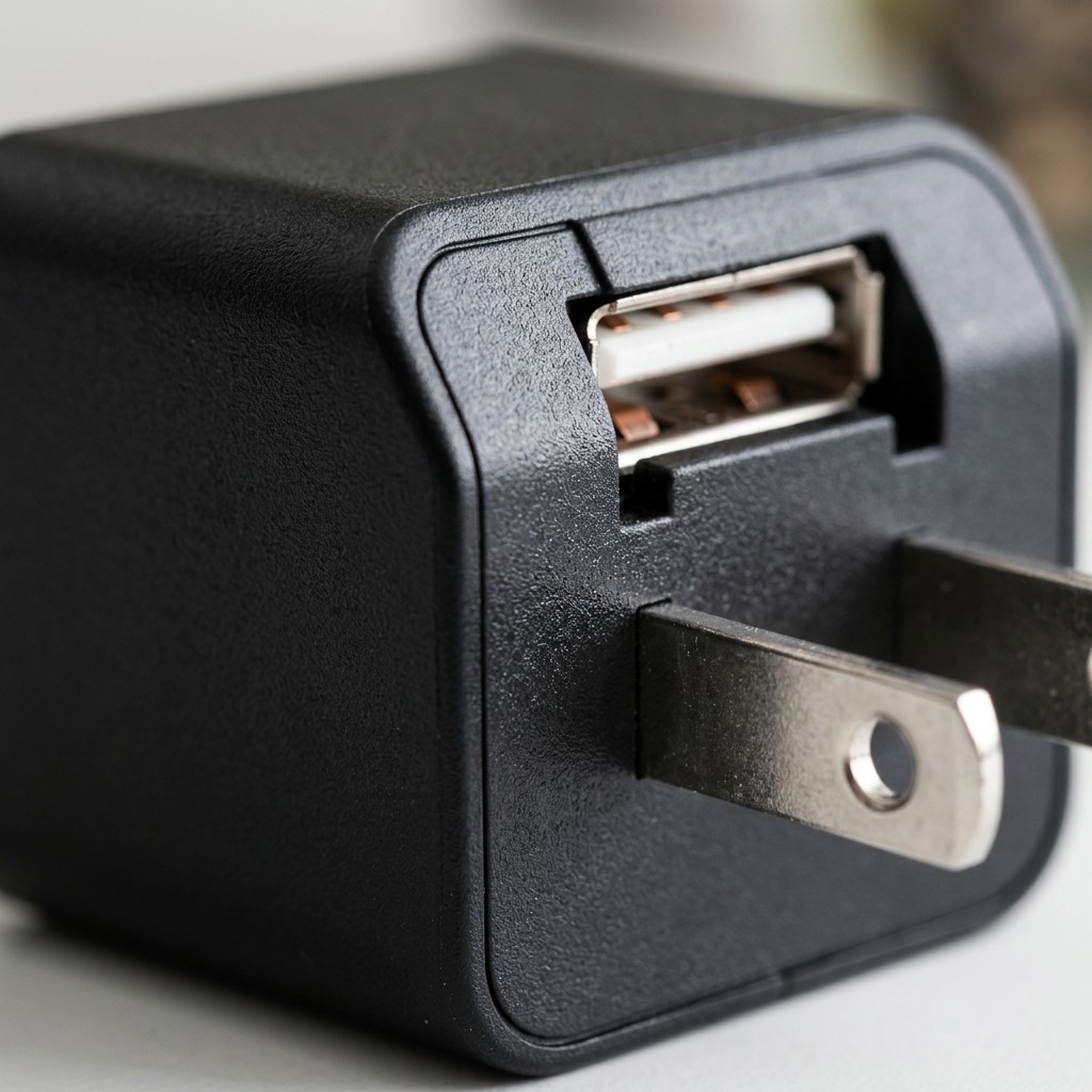 Macro details of internal and external textures, ports, and build quality of the charger.