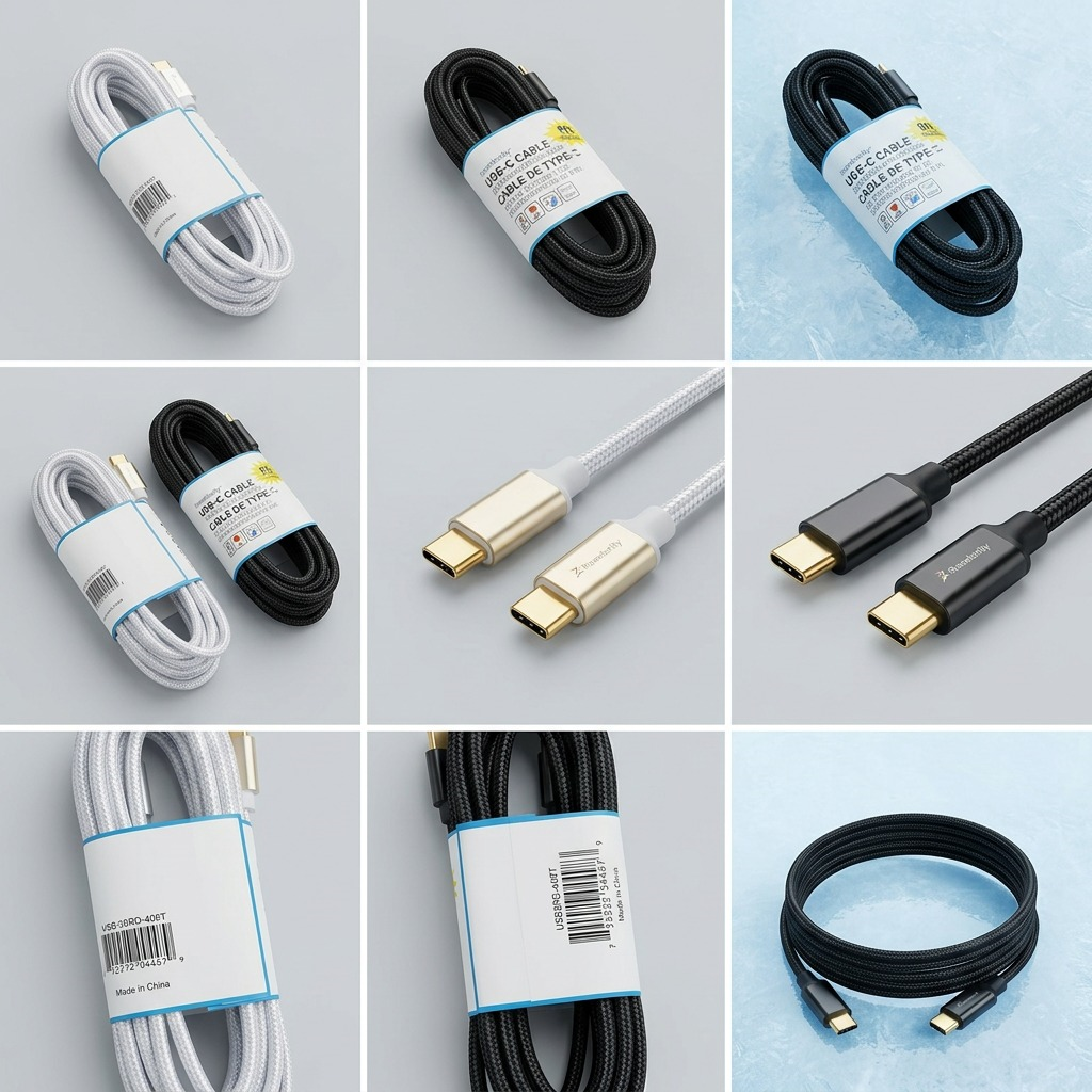 A PDP visual matrix demonstrating the Tech Basics Travelocity 9 Foot Braided Type-C Cable from various perspectives, showcasing one coiled and labeled in white and one in black for comparison.