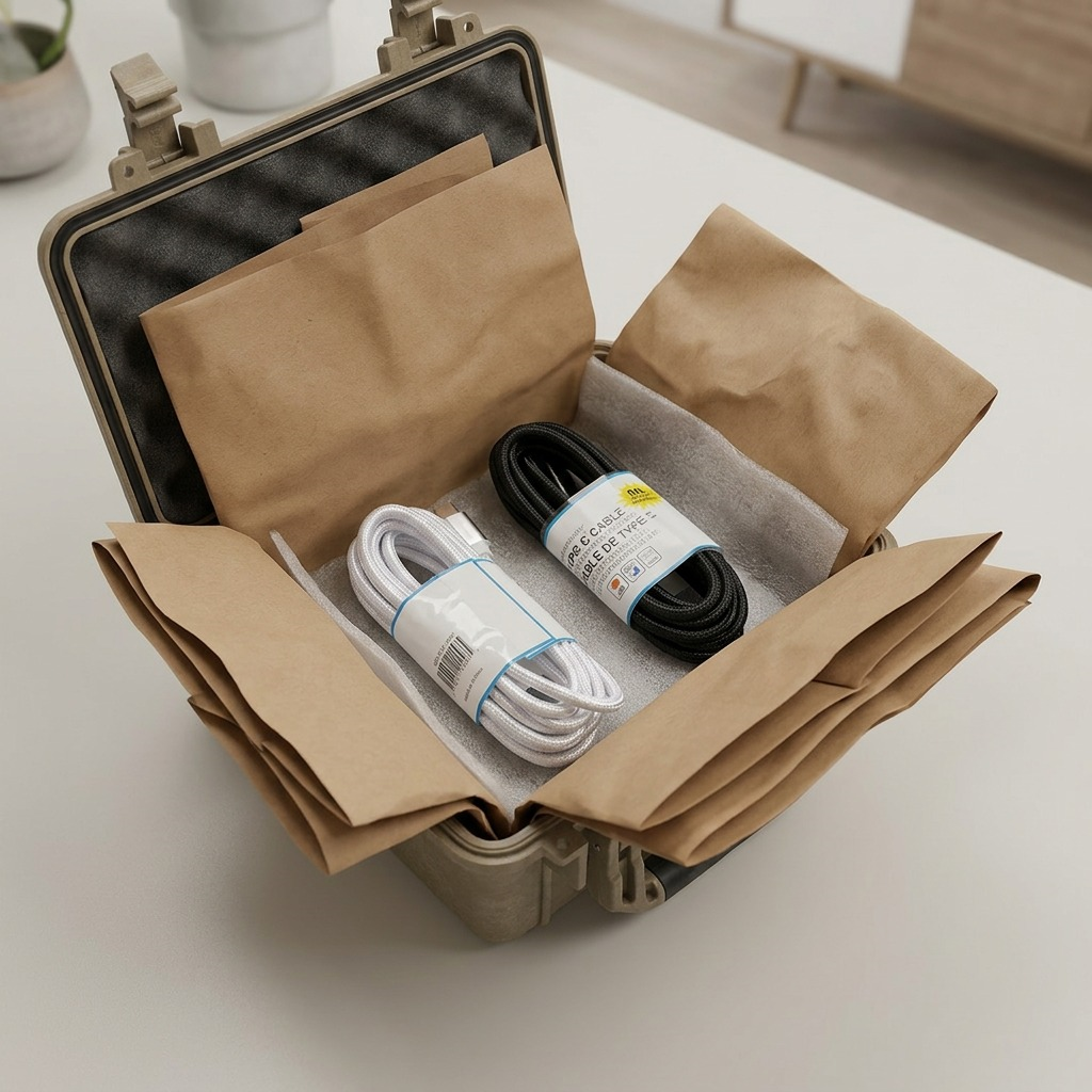 Two braided Type-C cables nestled securely in a padded box, one black, one white, showing safe transit placement.