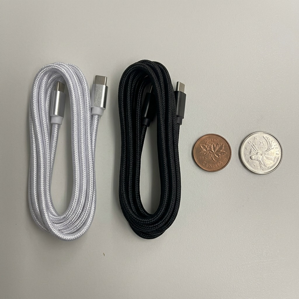 A PDP image showing the 9-foot coiled Travelocity Type-C cable beside a quarter for scale on a neutral grey desk.
