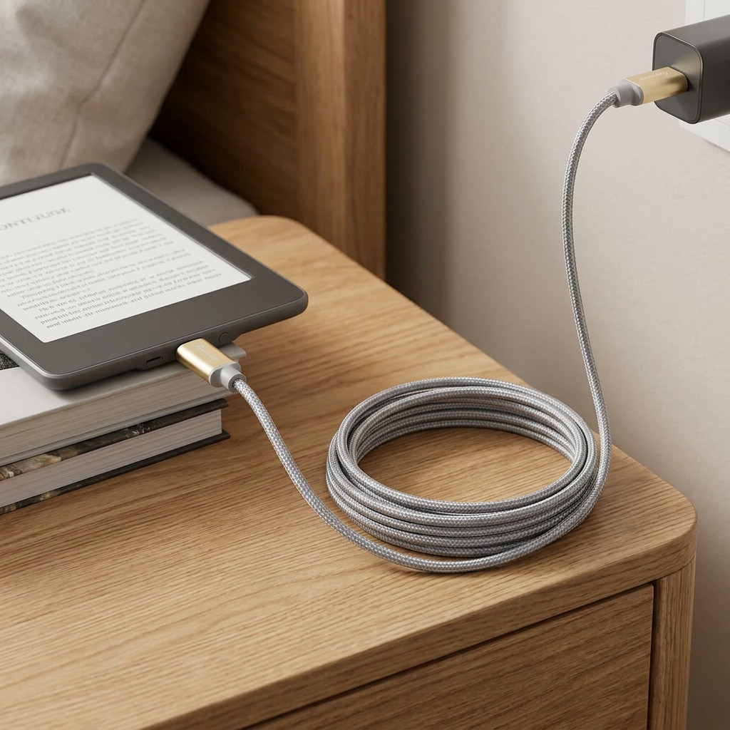 Close-up of a braided USB-C cable powering an e-reader, emphasizing the 9-foot length and durable texture in a relaxed setting.