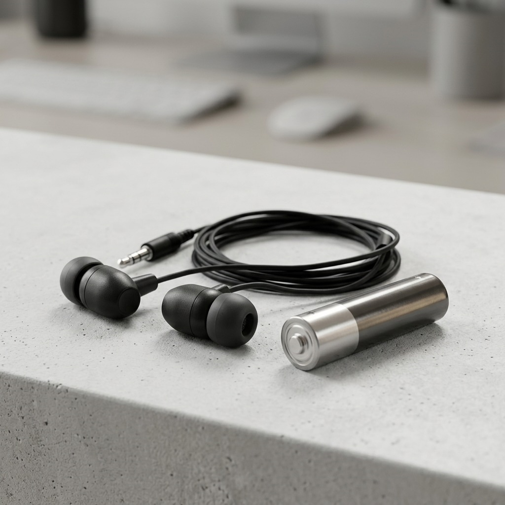 A standard AA battery positioned vertically next to the black Tech Basics earbuds and their cable.