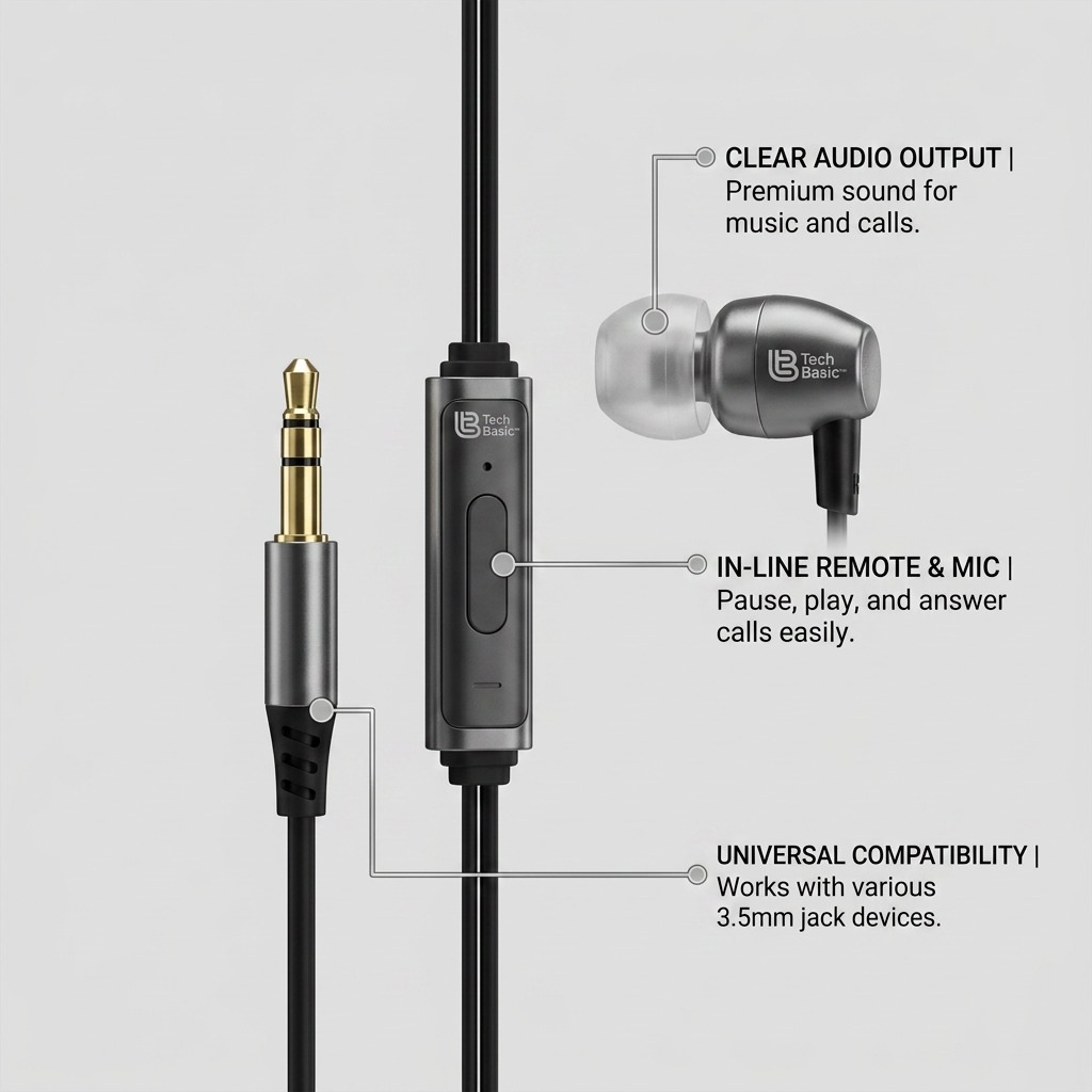 Feature callout graphic shows wired eartips, remote, mic, and plug with benefits like clear audio and easy controls.