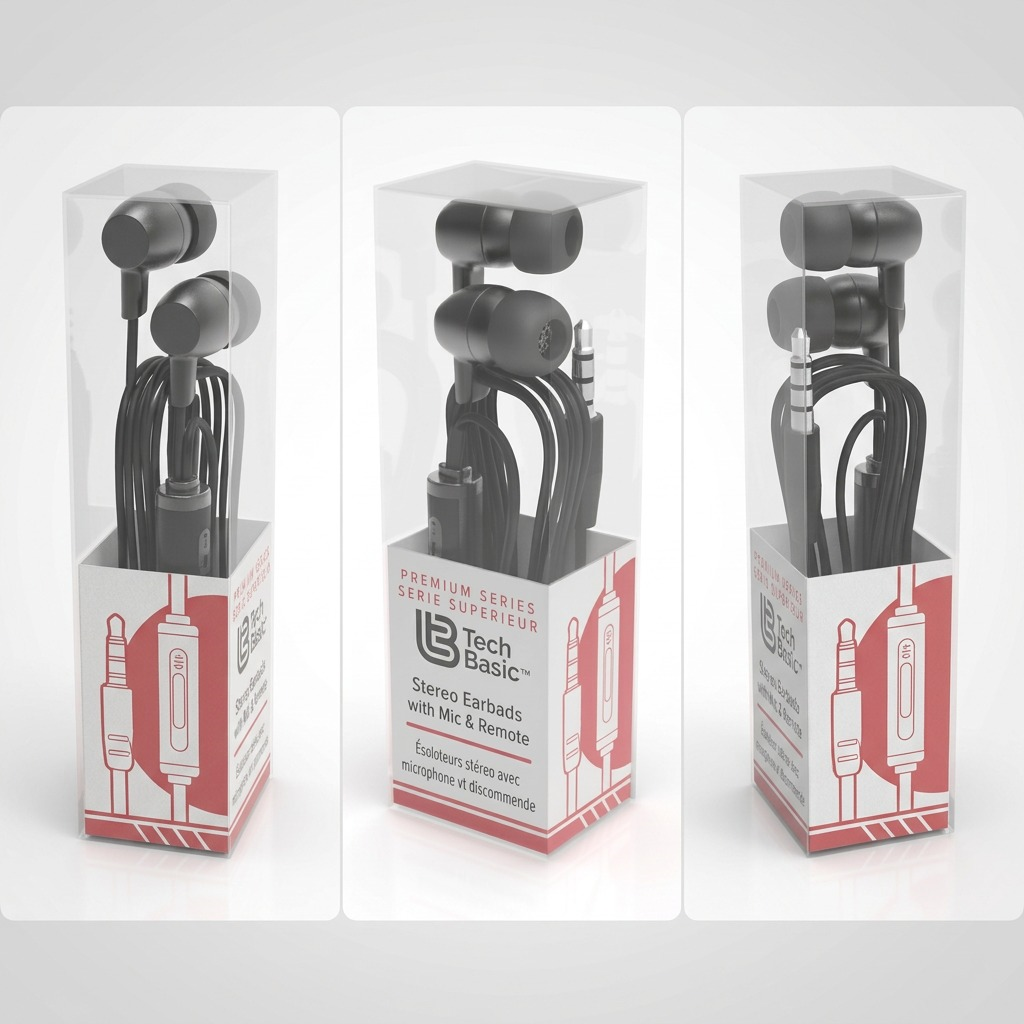 A clean three-panel matrix display of the Tech Basics wired earbuds packaging from left profile, front center, and right profile views.