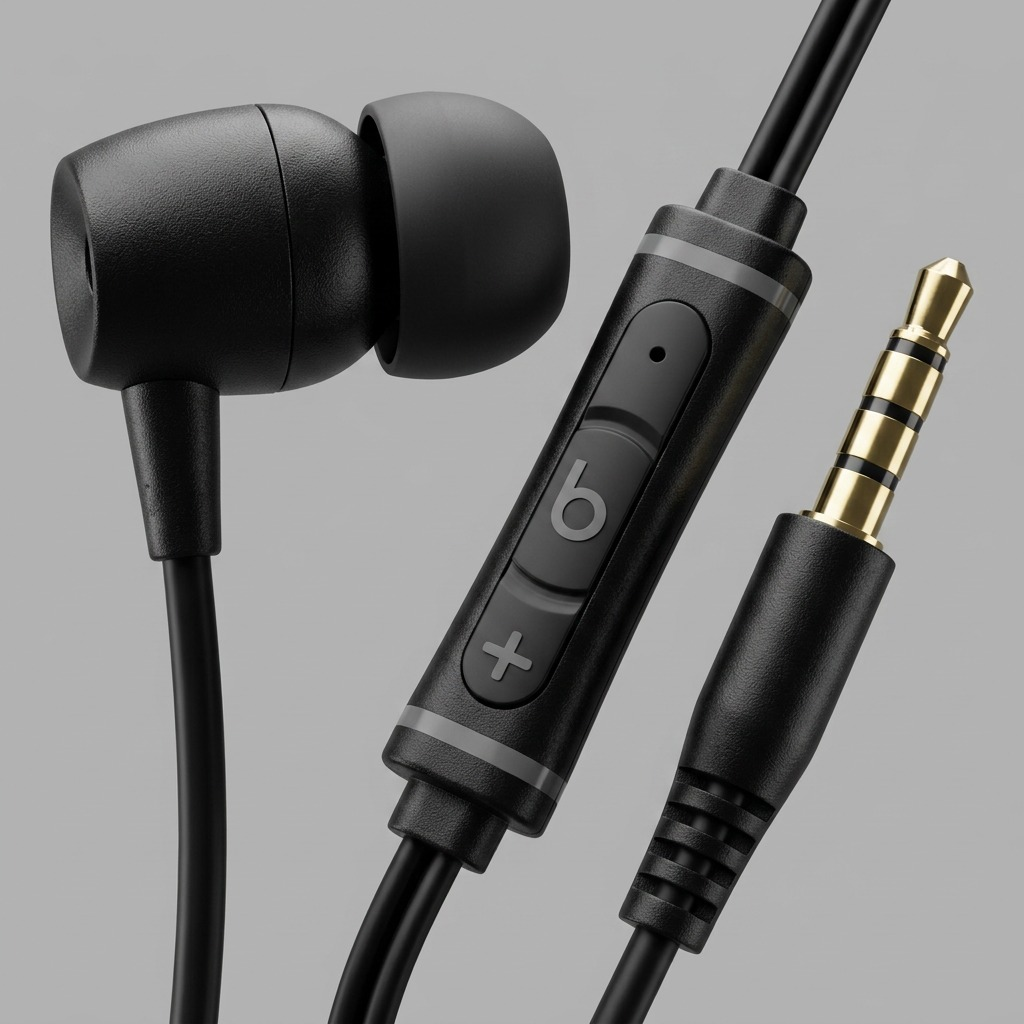 Extreme close-up of the Tech Basic bulk inline control-microphone unit with precise details and 3.5mm jack.