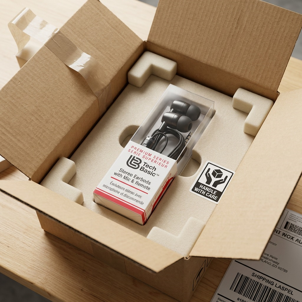 The Tech Basic earbuds box, with clear cover, rests securely in an opened shipping carton with ample protective foam padding.