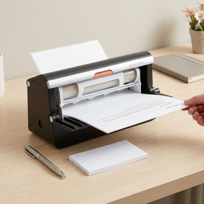 Scale reference photo: The Xyron ezLaminator is shown on a desk next to a pack of standard index cards for size comparison.
