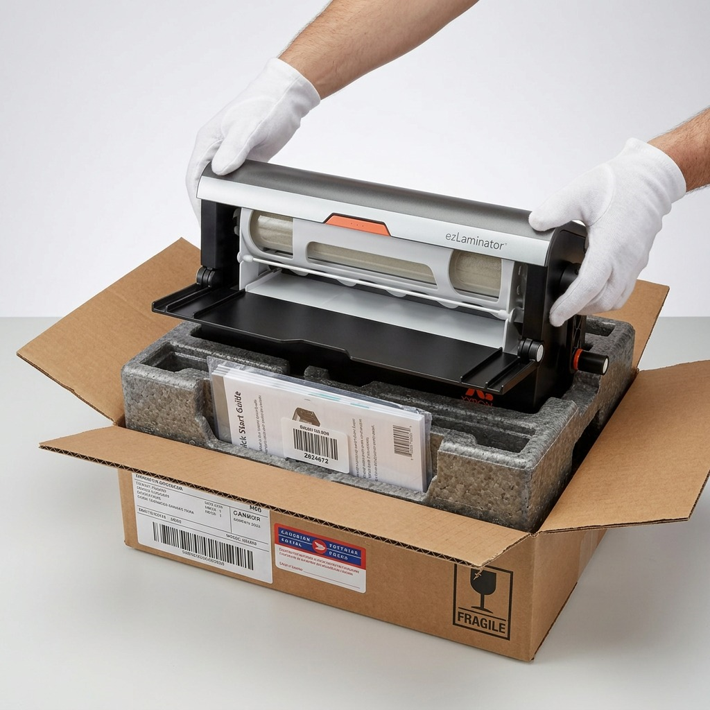 A pristine Z624672 ezLaminator emerges from complex protective foam packaging during an unboxing.