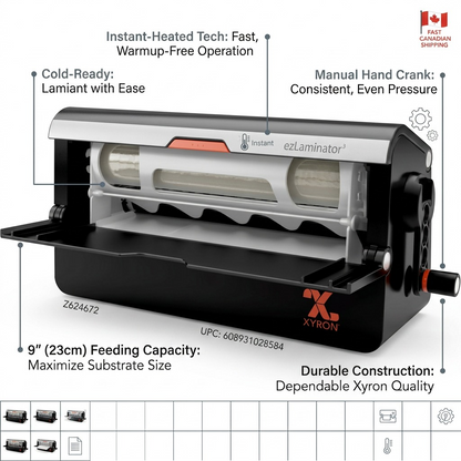 Xyron ezLaminator feature matrix graphic highlighting its manual operation, instant start, and durable build.
