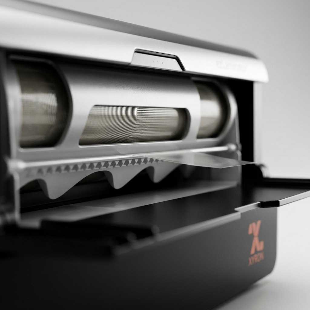 Extreme macro view of the Xyron ezLaminator's fine-toothed feeding roller and scalloped guide edge.