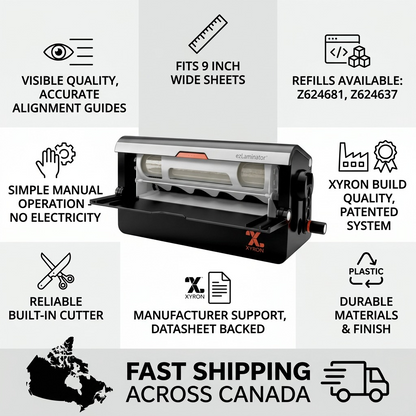 Factual infographic for the Xyron 9" ezLaminator highlighting build quality and fast Canadian shipping.