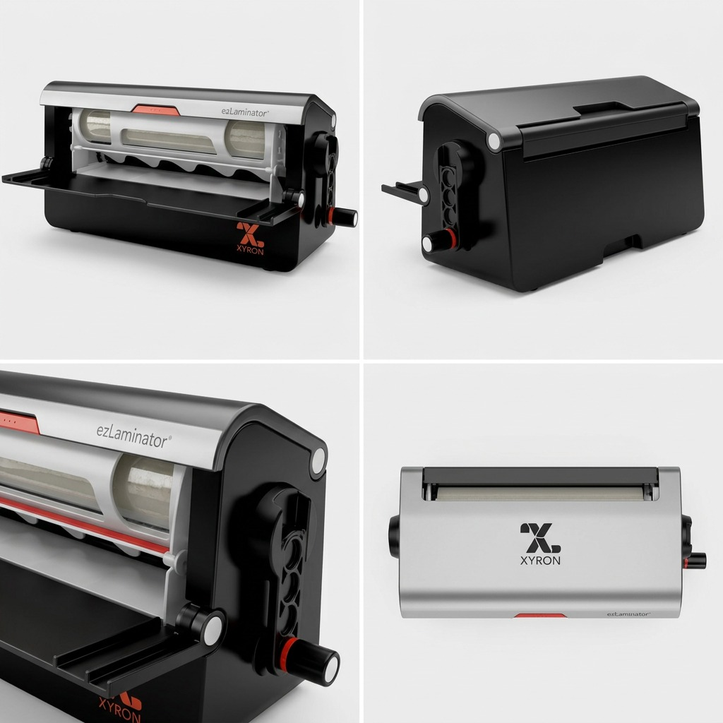 A four-panel grid showing the Xyron 9" ezLaminator from front-right, rear-left, open-view, and top-down angles.