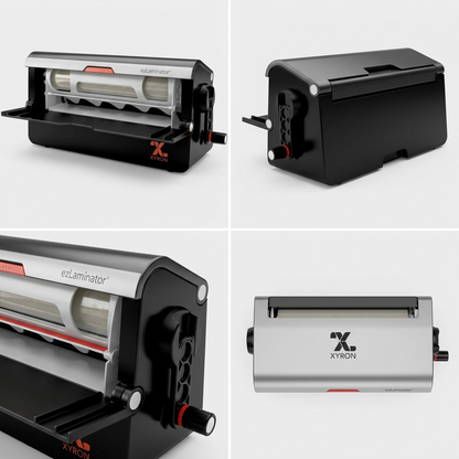 A four-panel grid showing the Xyron 9" ezLaminator from front-right, rear-left, open-view, and top-down angles.