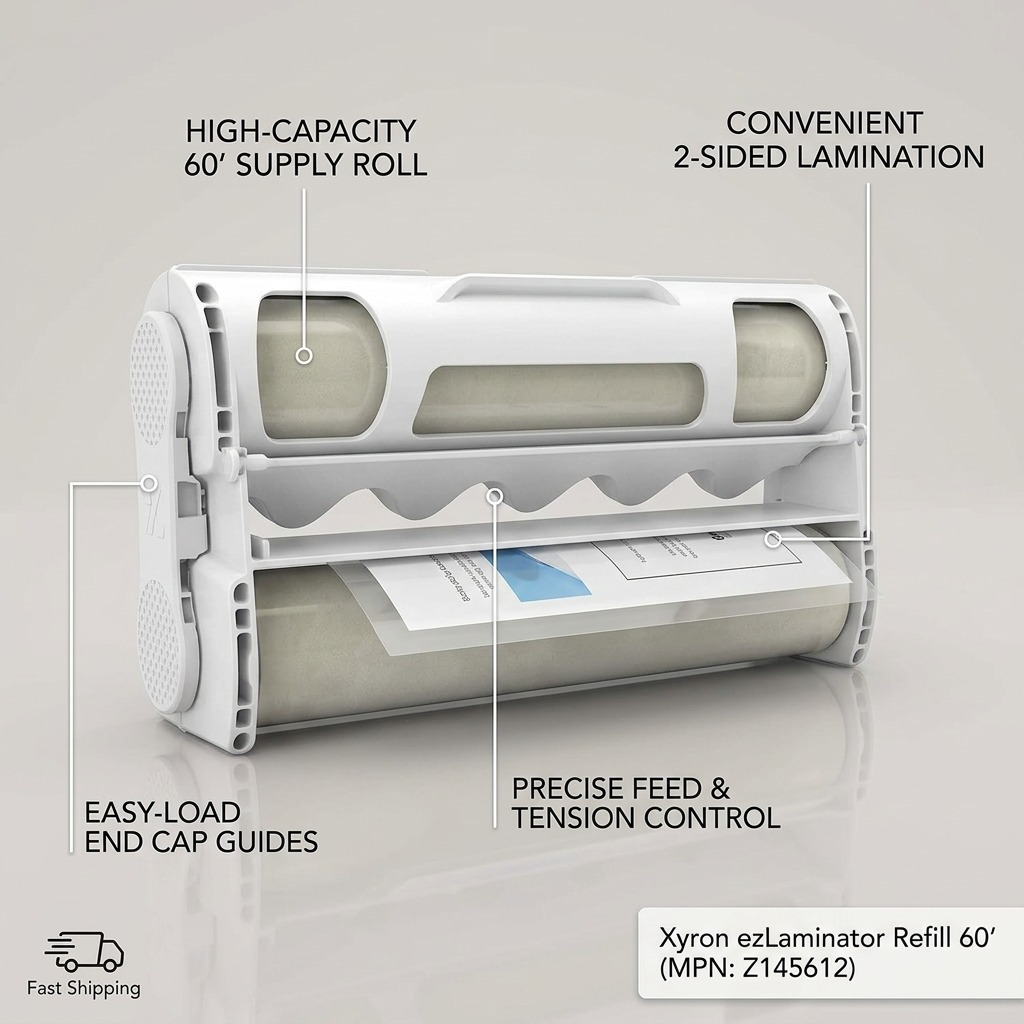 Feature graphic showing Xyron Z145612 laminate refill, highlighting '2-Sided Lam' and 'Drop-In Design'.