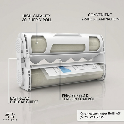 Feature graphic showing Xyron Z145612 laminate refill, highlighting '2-Sided Lam' and 'Drop-In Design'.