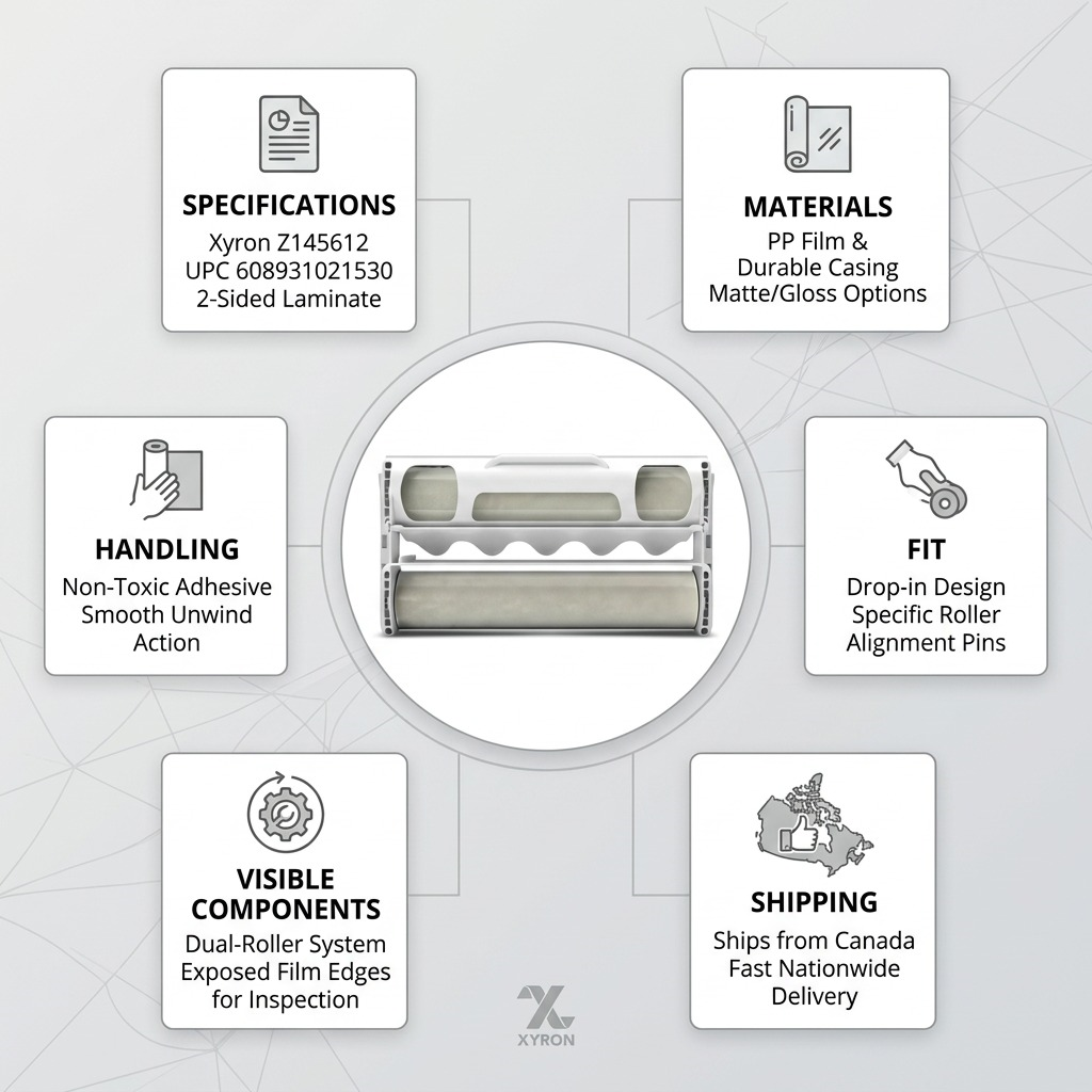 A clean infographic matrix featuring the Xyron EZ Laminator Refill with 6 icons for quality, compatibility, and shipping.