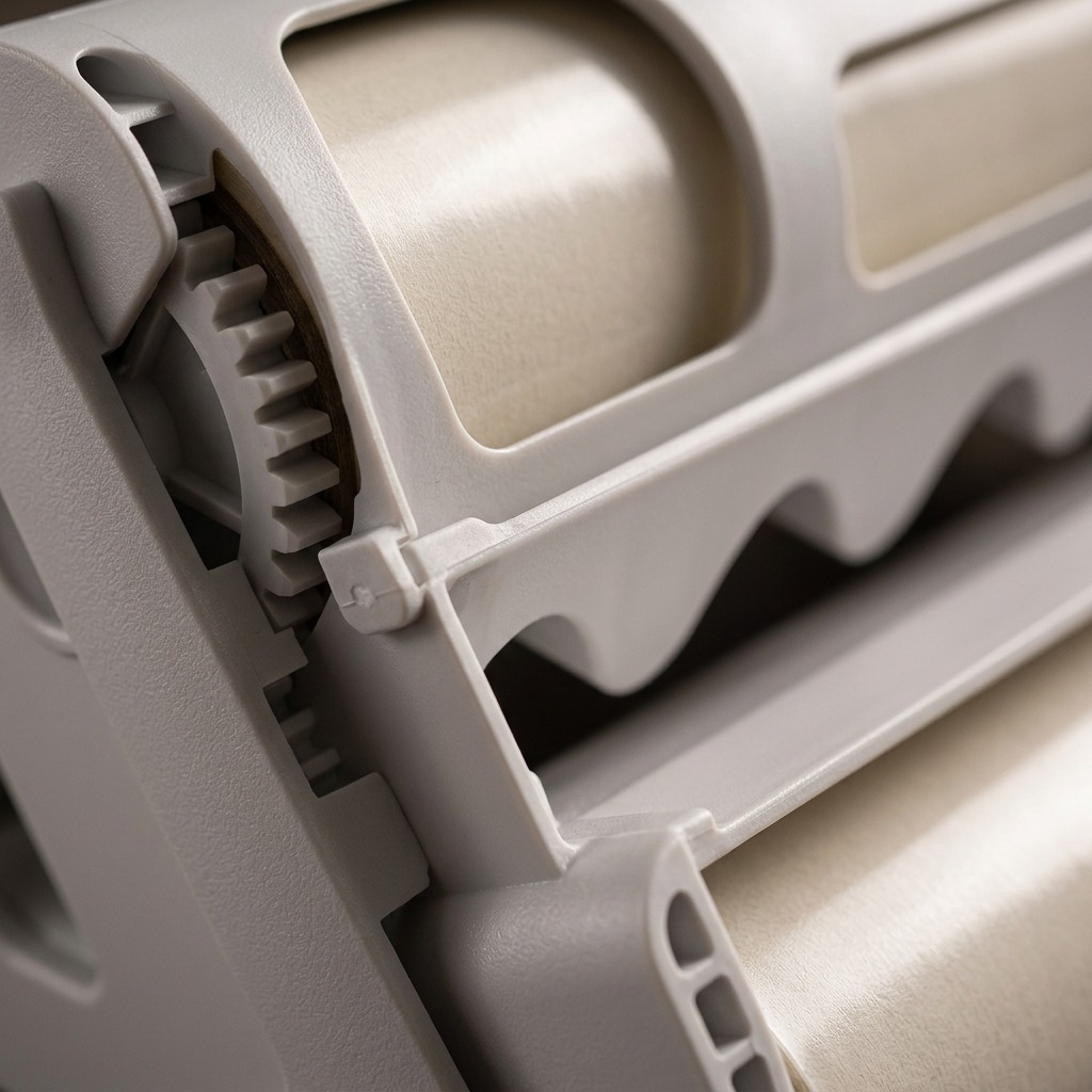 A detailed macro photograph showing the plastic gear and laminate film roll on the refill.