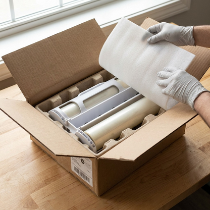 Product is revealed as top foam is removed from well-padded box.