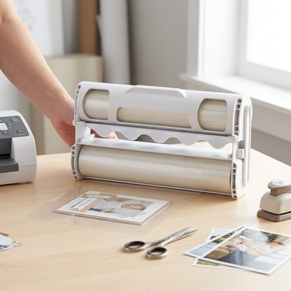 Lifestyle photo showing the Xyron ezLaminator two-sided laminate roll being used for crafting on a wooden table.