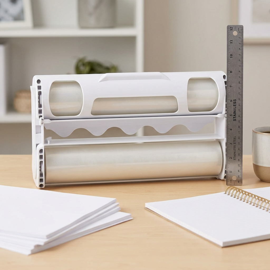 A scale reference view of the Xyron ezLaminator Refill next to a steel ruler on a wood desk.
