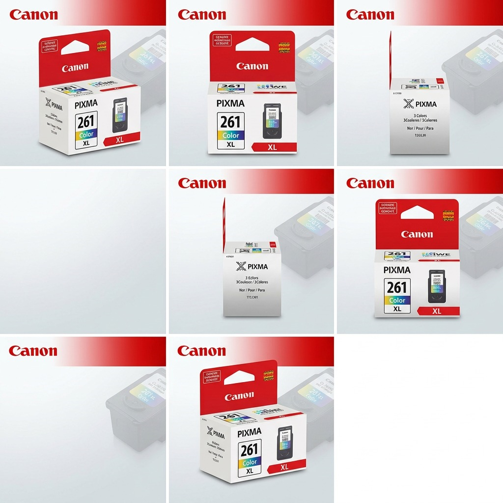 A clean product matrix image showing five different professional angles of the Canon 3724C001 CL-261XL Color ink cartridge packaging against a branded background for premium e-commerce display.