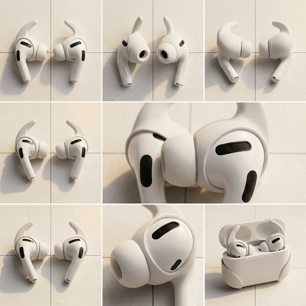 Multi-angle grid matrix: white hooked covers on AirPods Pro, detailed views, case comparison.