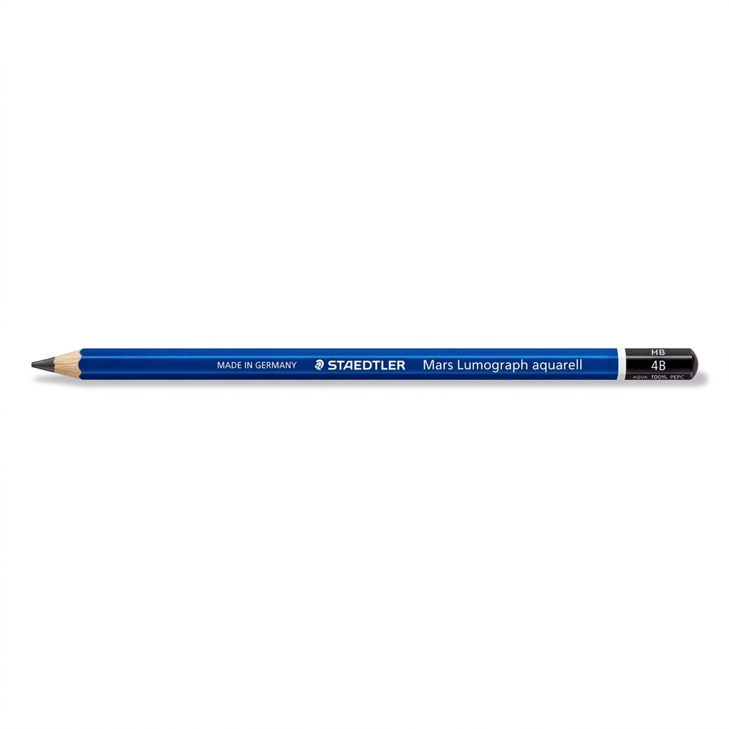 A crisp, high-resolution hero shot of the STAEDTLER Mars Lumograph 4B aquarell pencil centered on a pure white background. The blue pencil is angled horizontally with precise detail, showing the black end cap, white stripes, and graphite tip. Standard manufacturer markings are clearly visible on the barrel. Total absence of props or additional text.