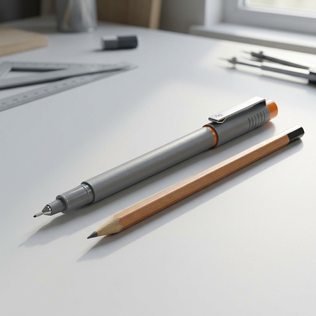 A grey and orange Staedtler Pigment Liner shown against a standard hexagonal pencil for size reference.