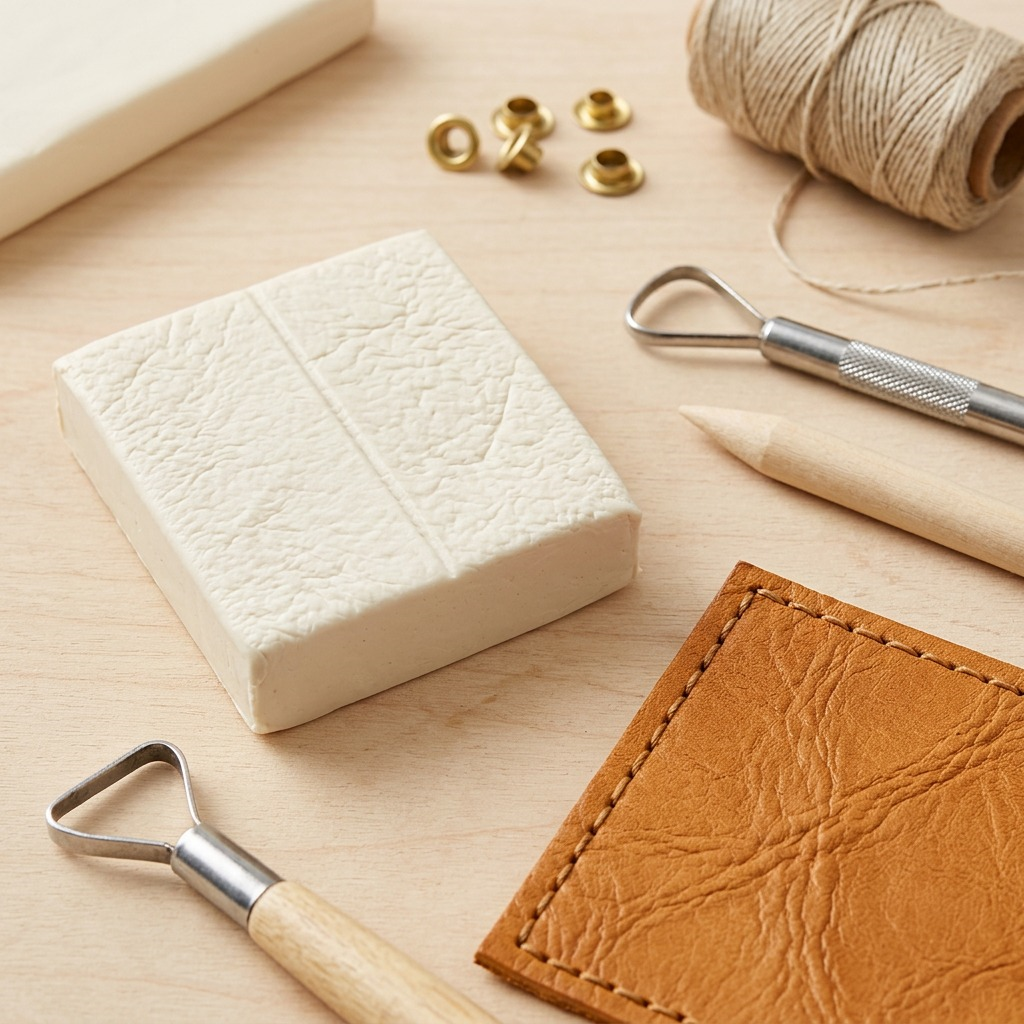 A lifestyle image showing a block of ivory FIMO effect leather, without packaging, next to a detailed faux leather keychain.