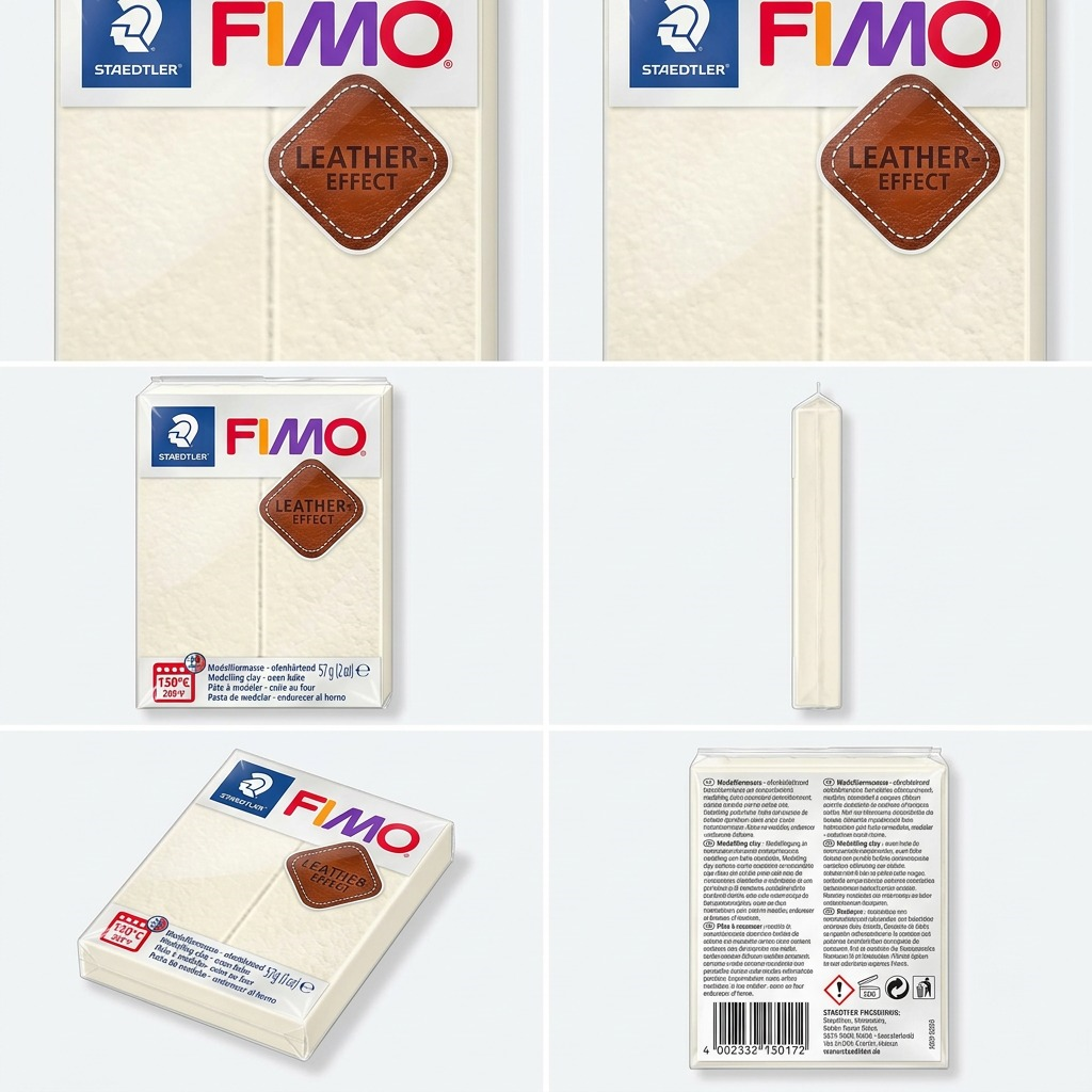 A 1x3 grid showing front, side, and back views of the STAEDTLER FIMO Leather-Effect Ivory clay.