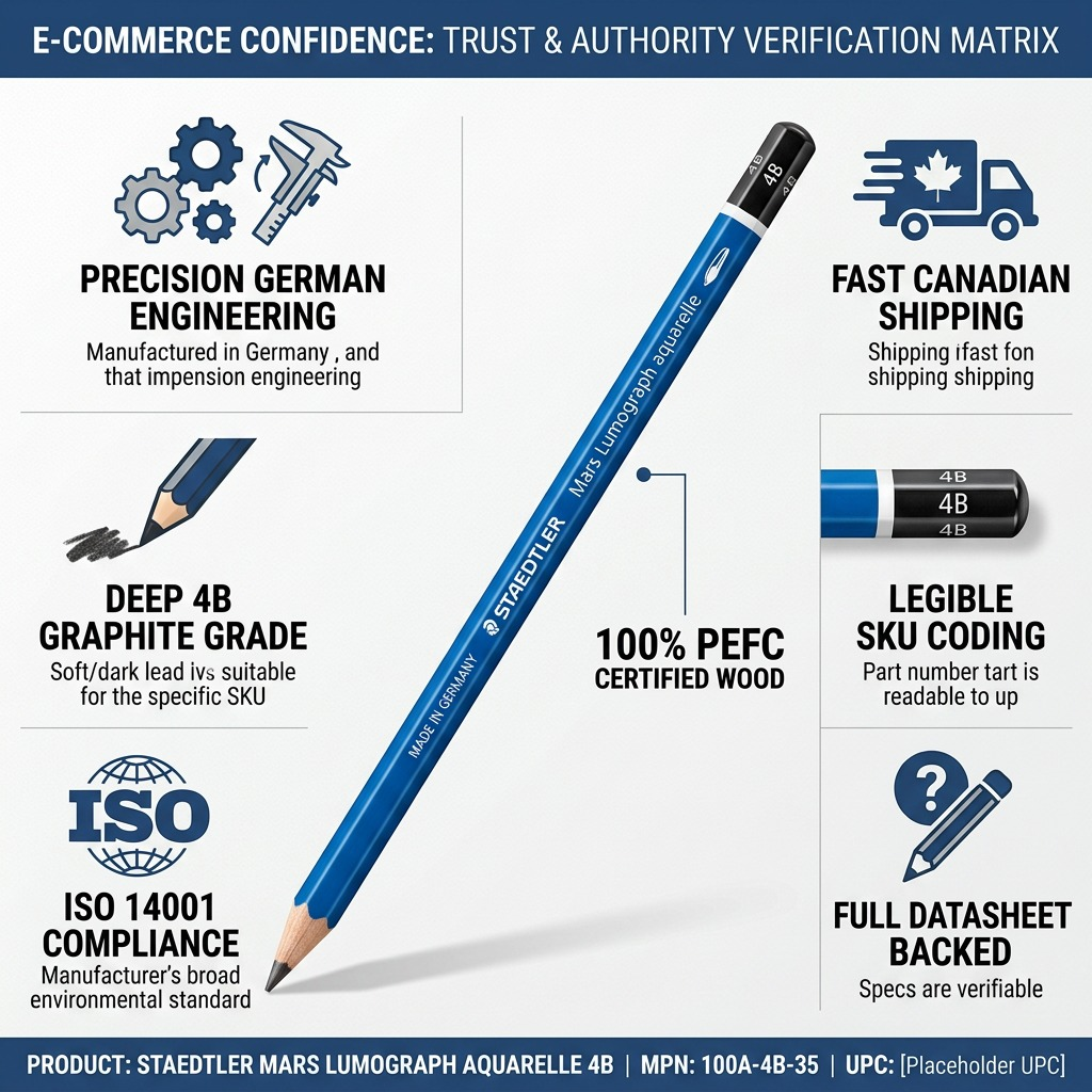 STAEDTLER Mars Lumograph Aquarelle 4B e-commerce trust infographic featuring product specs and verified icons.